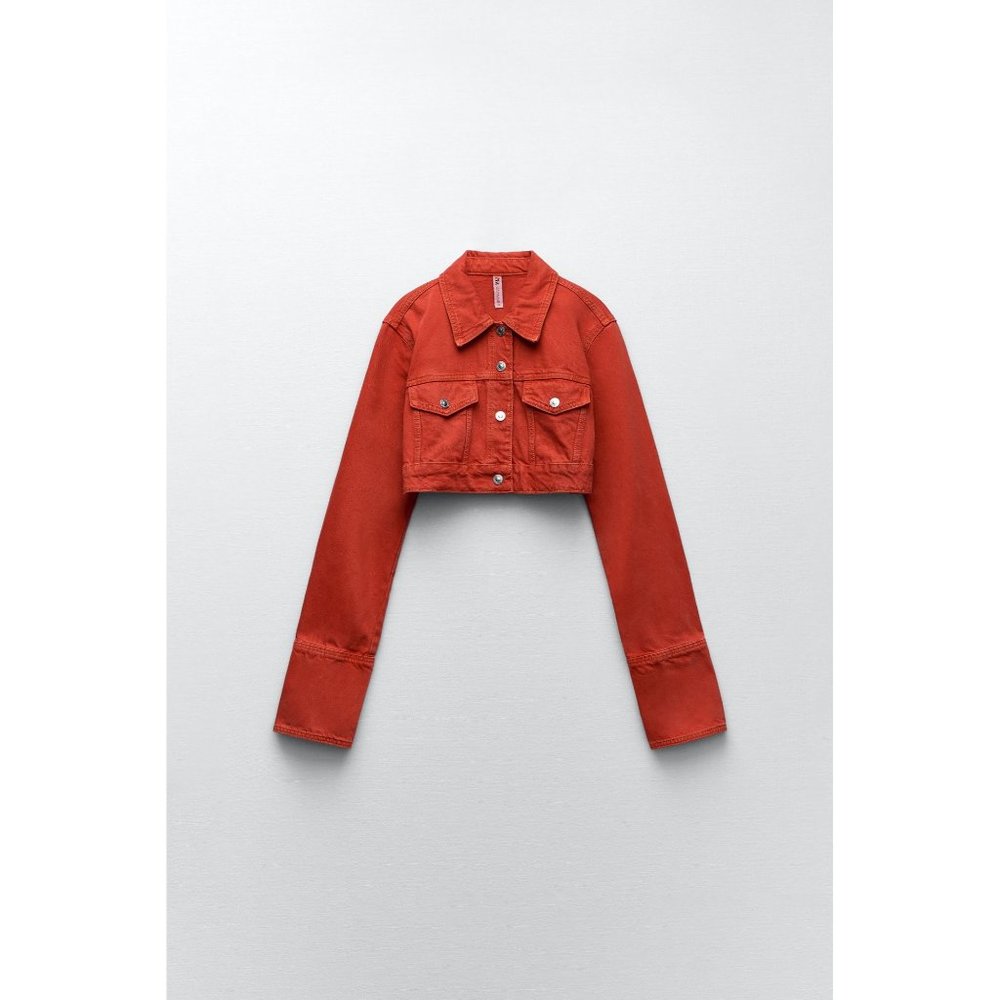 Zara Cropped Red Jean Jacket US size 12-16 - Picture 7 of 15